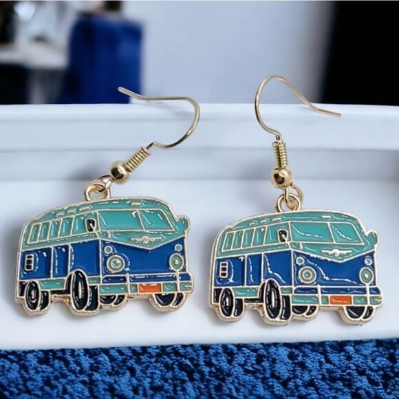 Blue Mini Van Bus Dangle Drop Enamel Jewelry Hippie Life Retro Earrings Gypsy - Picture 1 of 6
